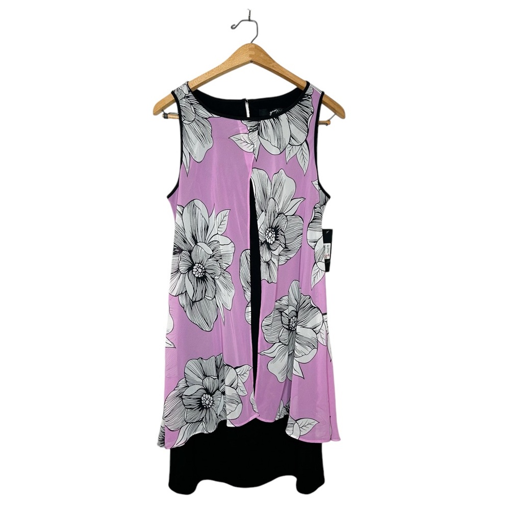 NWT GNW Women’s Floral Print Sleeveless‎ Overlay Mini Dress Pink Black 10
